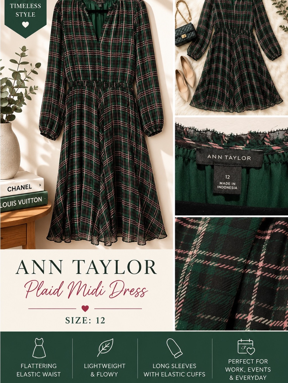 Ann Taylor Dark Green Plaid Midi Dress with Pink Accents